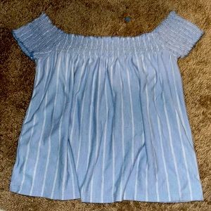 Off the shoulders and on the shoulders blue and white shirt